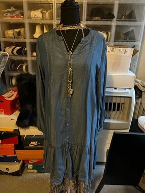 Women's Washed Blue Button-Front Tunic Dress